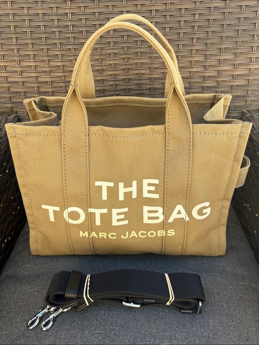 Marc Jacobs Canvas Tote Bag in slate green (khaki) with Black Strap. Size Medium